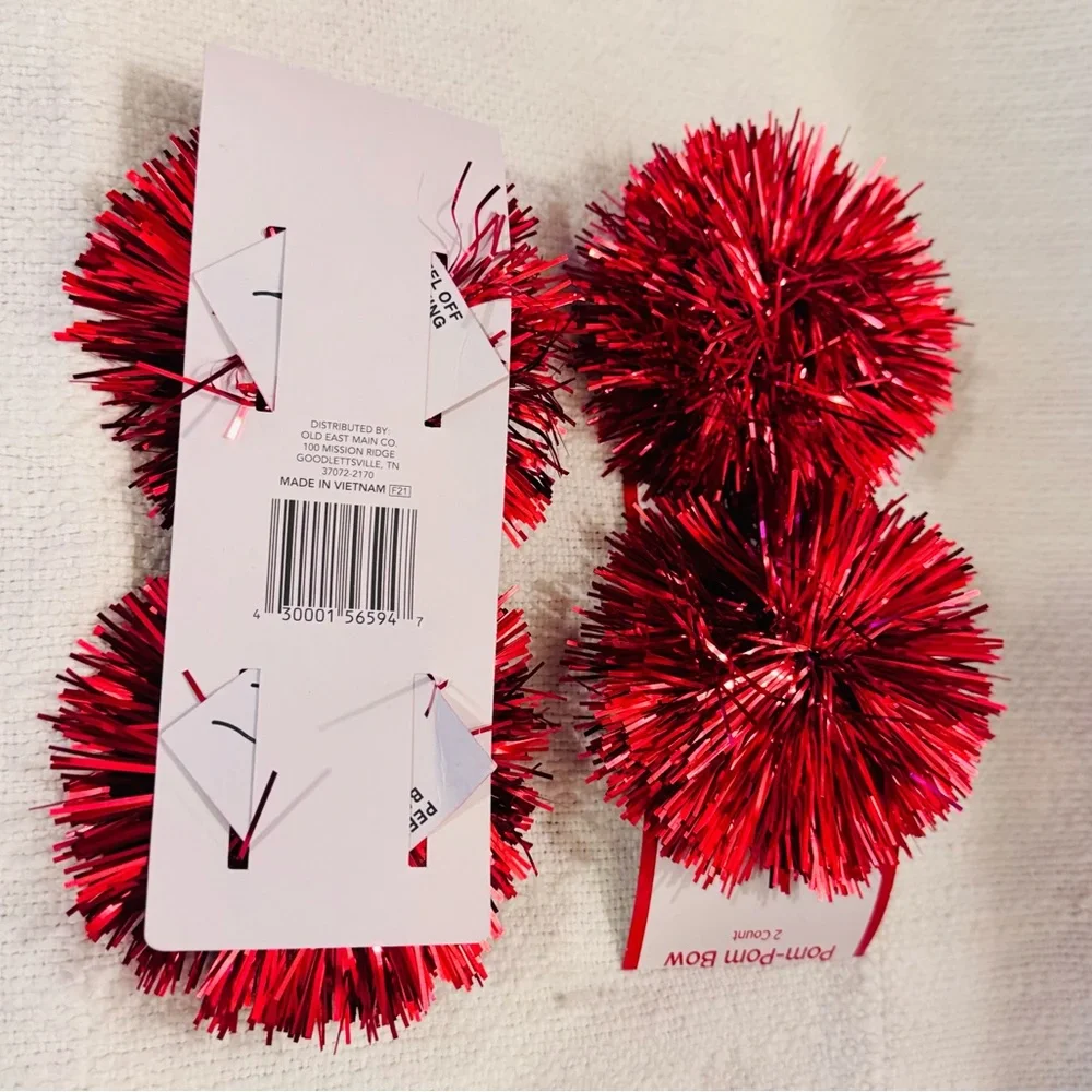 4 Red Metallic Pom Pom Bows for Party Gift Wrap